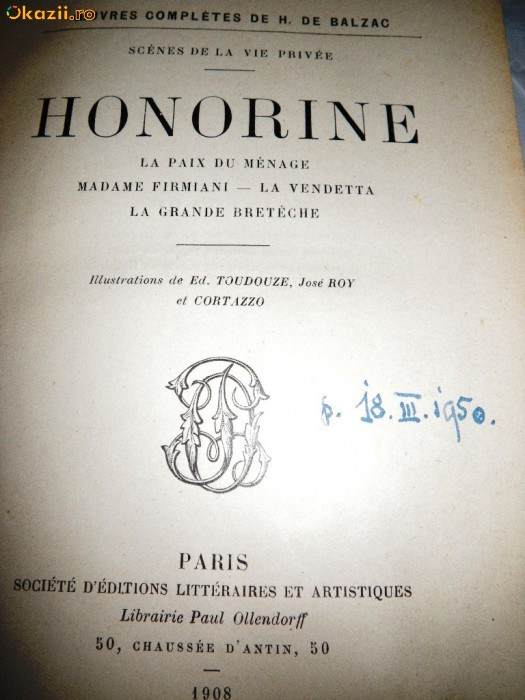 Balzac, Honorine, Paris 1908, in franceza