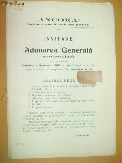 Adunarea generala Soc. ajutor ,,Ancora&amp;quot; Buc. 1911
