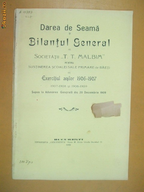 Darea de seamă a Societății Malbim pe 1906-9 iudaica, școala primară de băieți