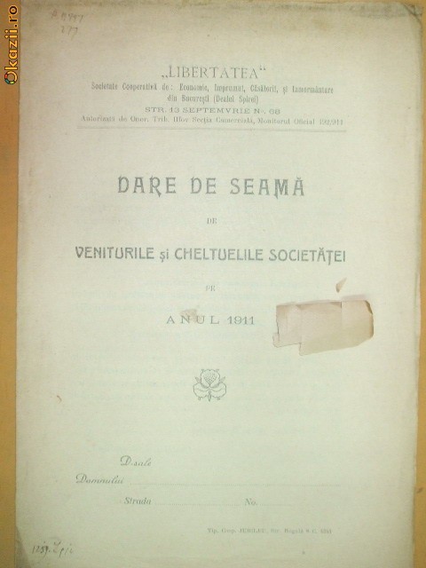 Dare de seama Soc. imprumut ,,Libertatea&amp;quot; Buc. 1912