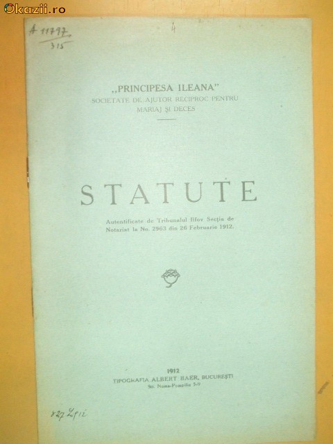 Statute Soc. ajutor ,,Principesa Ileana&amp;quot; Buc. 1912