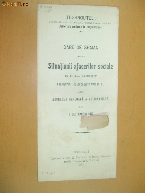 Dare de seama Soc. materiale ,,Technolitul&amp;quot; Buc. 1912