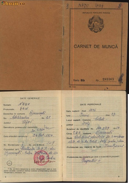 Carnet de munca , 1950 , Centrala M. A. T. , Bucuresti