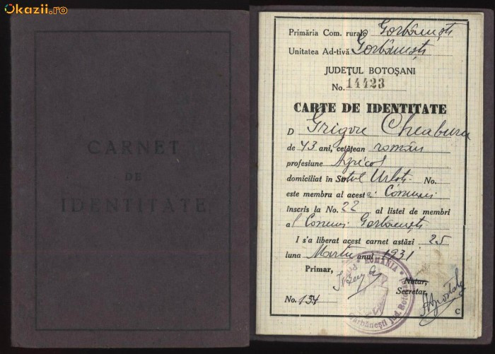 Carnet de identitate , Gorbanesti , Botosani , 1931