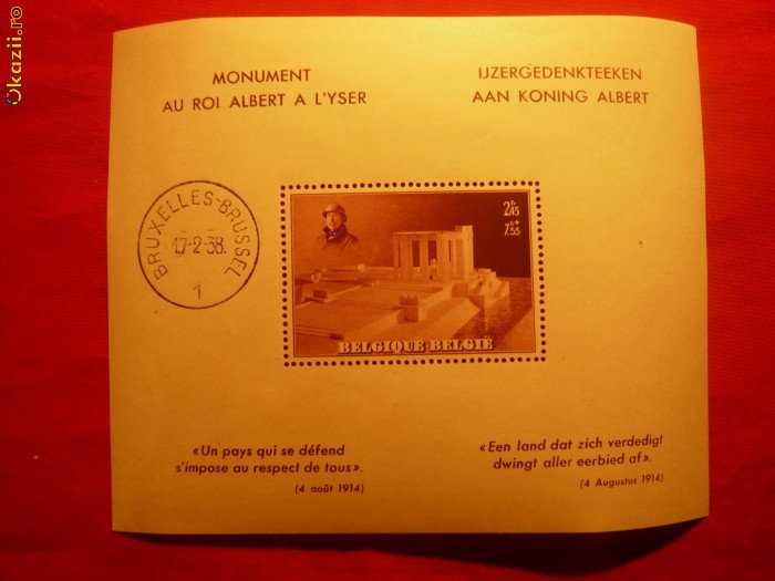 Colita -Monumentul Regelui Albert 1938 Belgia ,stampila I zi Colita -Monumentul Regelui Albert 1938 Belgia ,stampila I zi