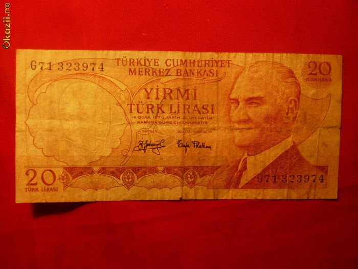 Bancnota 20 Lire Turcia 1970 , cal.medie