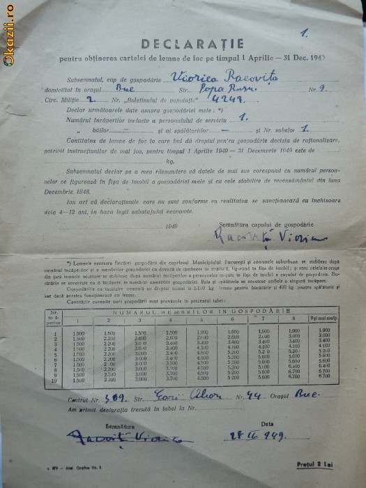Declaratie pentru obtinerea cartelei de lemne de foc, Bucuresti, 1949