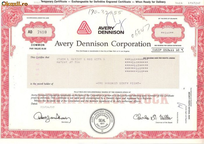 217 Actiuni SUA -Avery Dennison Corporation -seria AD 7810