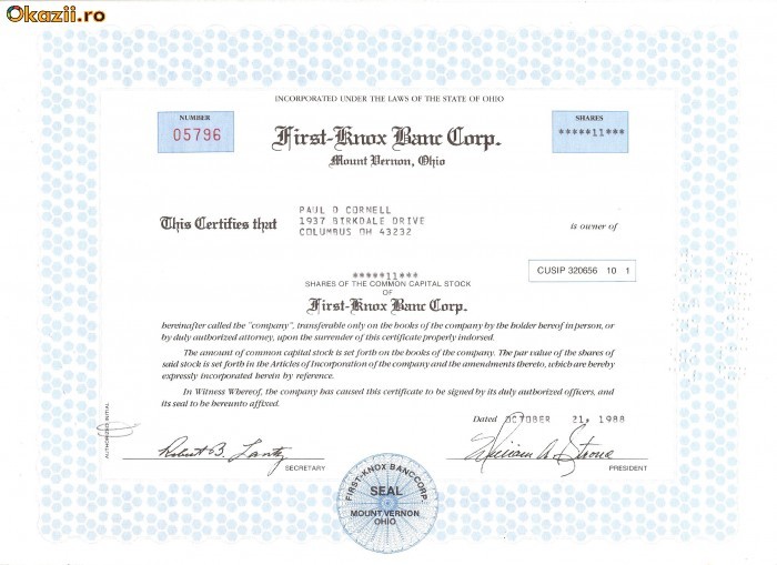 284 Actiuni -First-Knox Banc Corp.-seria 05796