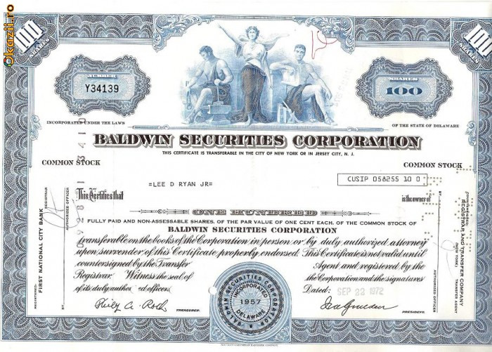 224 Actiuni SUA -Baldwin Securities Corporation -seria Y34139