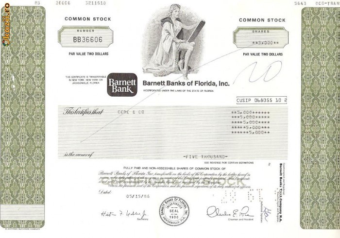 206 Actiuni SUA -Barnett Banks of Florida, Inc. -seria BB36606