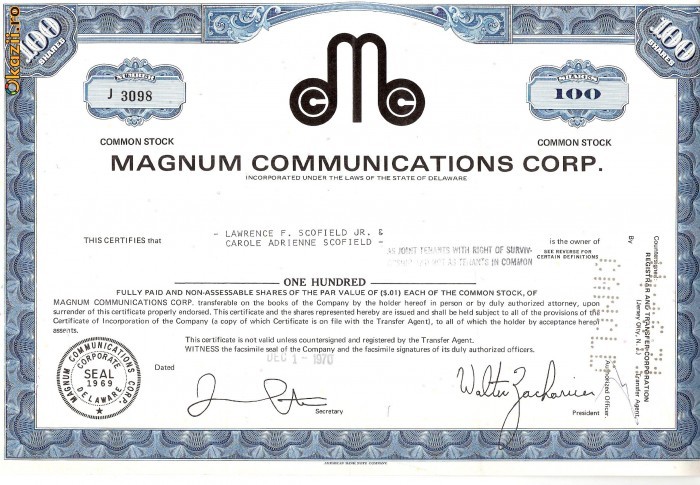237 Actiuni MAGNUM COMMUNICATIONS CORP.-seria J 3098 237 Actiuni MAGNUM COMMUNICATIONS CORP.-seria J 3098