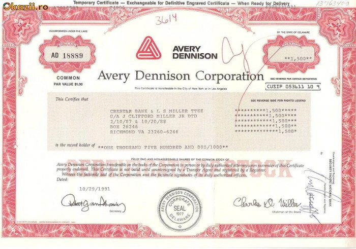 214 Actiuni SUA -Avery Dennison Corporation -seria AD 18889