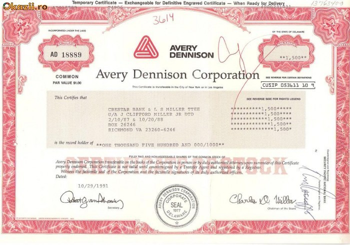 214 Actiuni SUA -Avery Dennison Corporation -seria AD 18889 214 Actiuni SUA -Avery Dennison Corporation -seria AD 18889