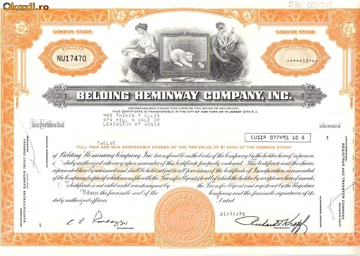 259 Actiuni -BELDING HEMINWAY COMPANY, INC. -seria NU17470