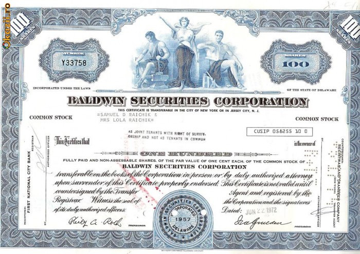 221 Actiuni SUA -Baldwin Securities Corporation -seria Y33758