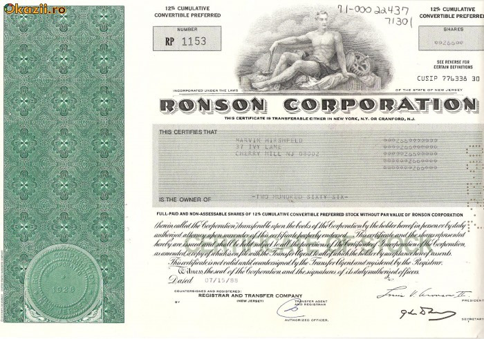 349 Actiuni -RONSON CORPORATION -seria RP 1153 349 Actiuni -RONSON CORPORATION -seria RP 1153