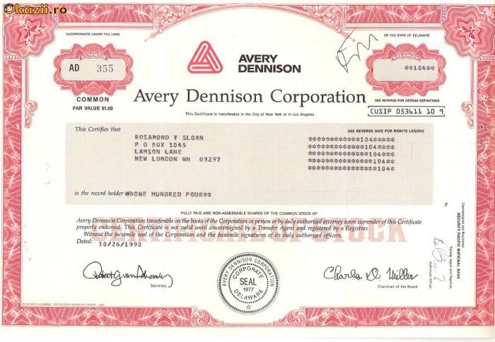 216 Actiuni SUA -Avery Dennison Corporation -seria AD 355