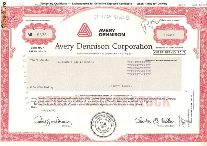 218 Actiuni SUA -Avery Dennison Corporation -seria AD 9625