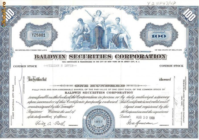 220 Actiuni SUA -Baldwin Securities Corporation -seria Y25881