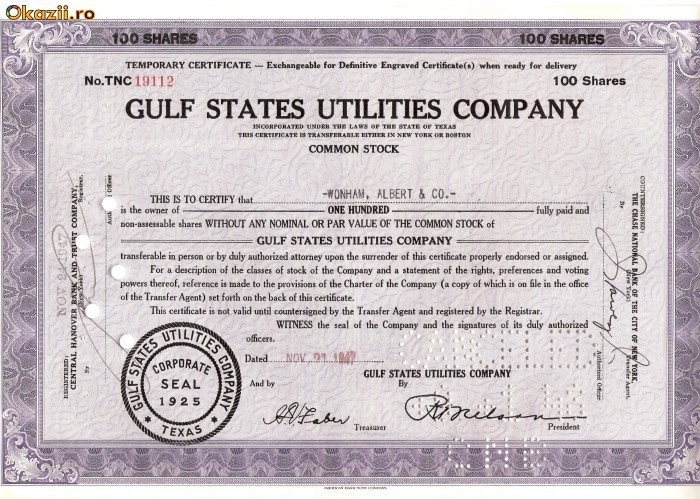 321 Actiuni -GULF STATES UTILITIES COMPANY-seria TNC19112 321 Actiuni -GULF STATES UTILITIES COMPANY-seria TNC19112