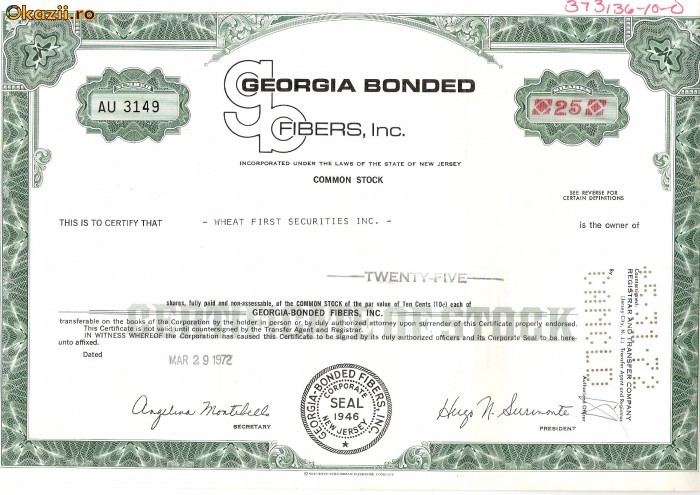 294 Actiuni -GEORGIA BONDED FIBERS, Inc.-seria AU 3149