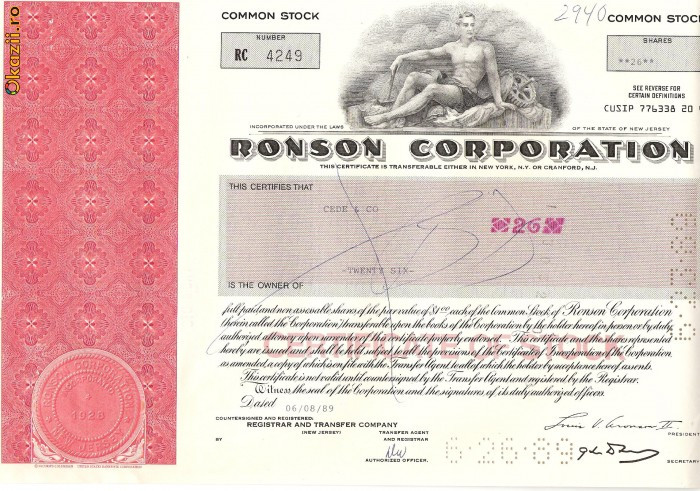 344 Actiuni -RONSON CORPORATION -seria RC 4249