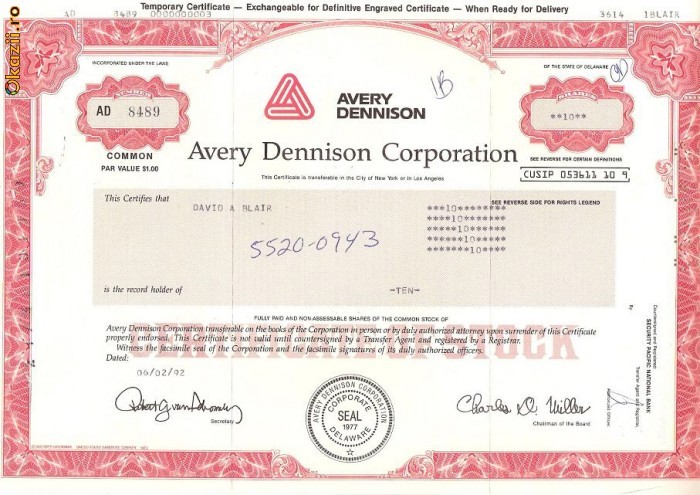215 Actiuni SUA -Avery Dennison Corporation -seria AD 8489 215 Actiuni SUA -Avery Dennison Corporation -seria AD 8489