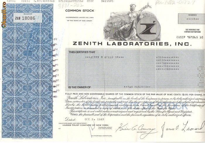 268 Actiuni -ZENITH LABORATORIES, INC. -seria ZLU 18086