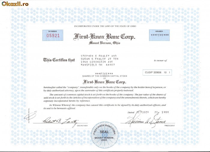286 Actiuni -First-Knox Banc Corp.-seria 05921 286 Actiuni -First-Knox Banc Corp.-seria 05921