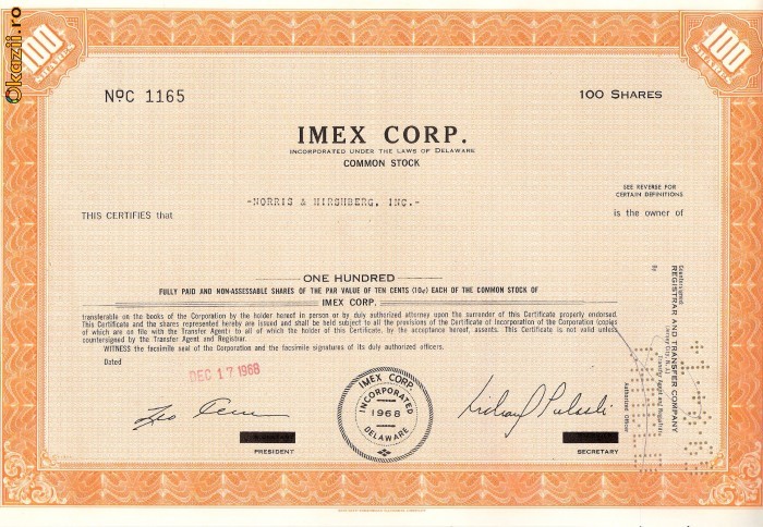 230 Actiuni SUA - IMEX CORP.-seria C 1165 230 Actiuni SUA - IMEX CORP.-seria C 1165