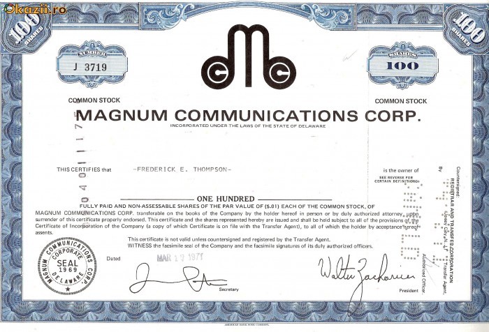 240 Actiuni MAGNUM COMMUNICATIONS CORP.-seria J 3719 240 Actiuni MAGNUM COMMUNICATIONS CORP.-seria J 3719
