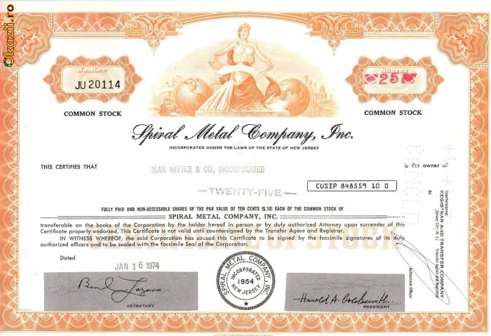 273 Actiuni -Spiral Metal Company, Inc. -seria JU 20114