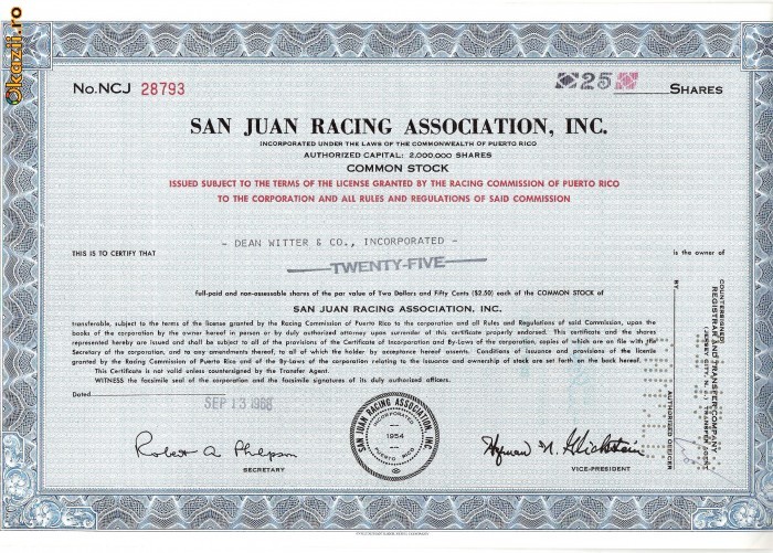 304 Actiuni -SAN JUAN RACING ASSOCIATION, INC. -seria NCJ28793