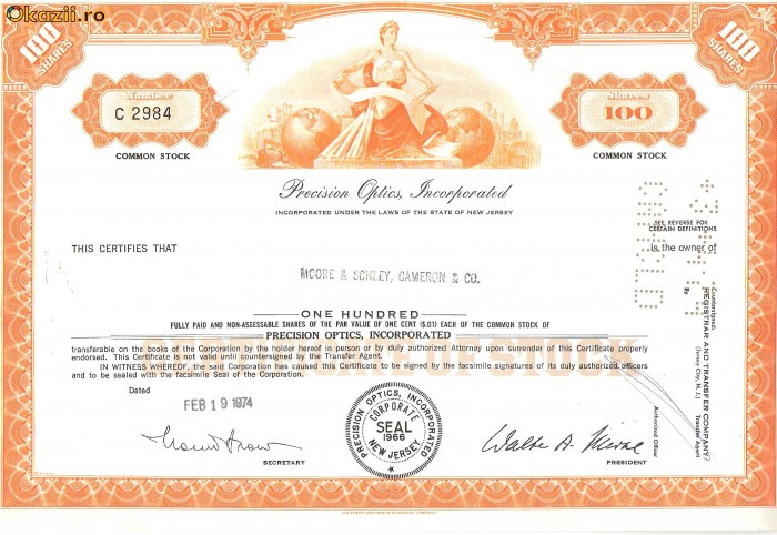 298 Actiuni -Precision Optics, Incorporated -seria C 2984 298 Actiuni -Precision Optics, Incorporated -seria C 2984