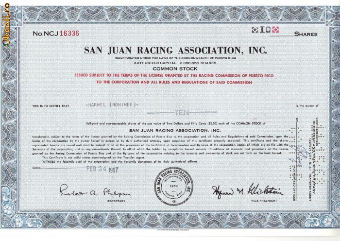 301 Actiuni -SAN JUAN RACING ASSOCIATION, INC. -seria NCJ16336