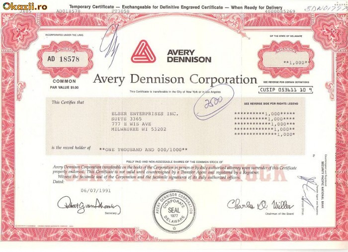 213 Actiuni SUA -Avery Dennison Corporation -seria AD 18578