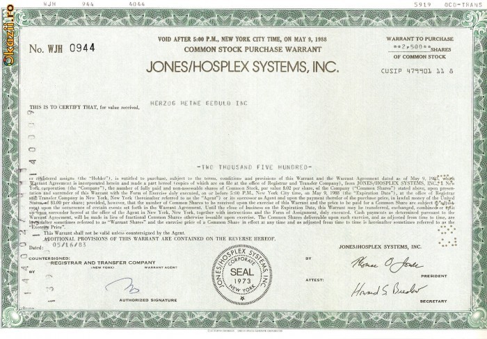 235 Actiuni JONES/HOSPLEX SYSTEMS, INC.-seria WJH 0944