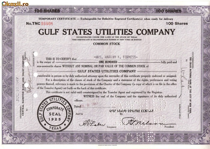 324 Actiuni -GULF STATES UTILITIES COMPANY-seria TNC16408 324 Actiuni -GULF STATES UTILITIES COMPANY-seria TNC16408