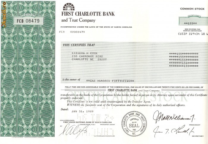 333 Actiuni -FIRST CHARLOTTE BANK -seria FCB 08479