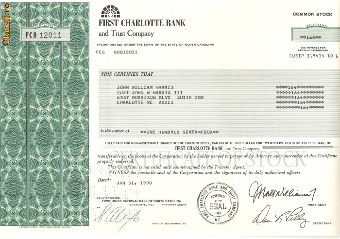 226 Actiuni SUA -FIRST CHARLOTTE BANK -seria FCB 12011