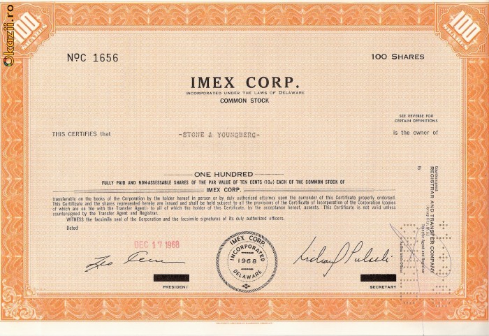232 Actiuni SUA - IMEX CORP.-seria C 1656 232 Actiuni SUA - IMEX CORP.-seria C 1656