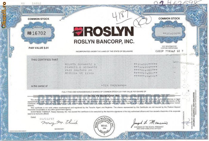 201 Actiuni SUA -ROSLYN BANCORP, INC. -seria RB 16702