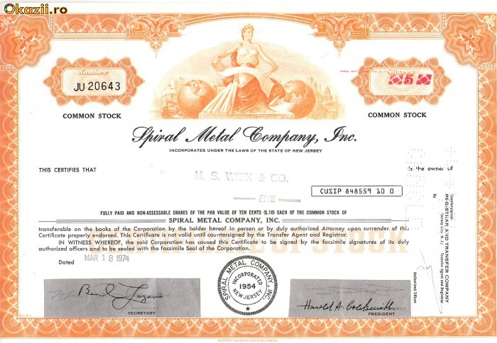 272 Actiuni -Spiral Metal Company, Inc. -seria JU 20643