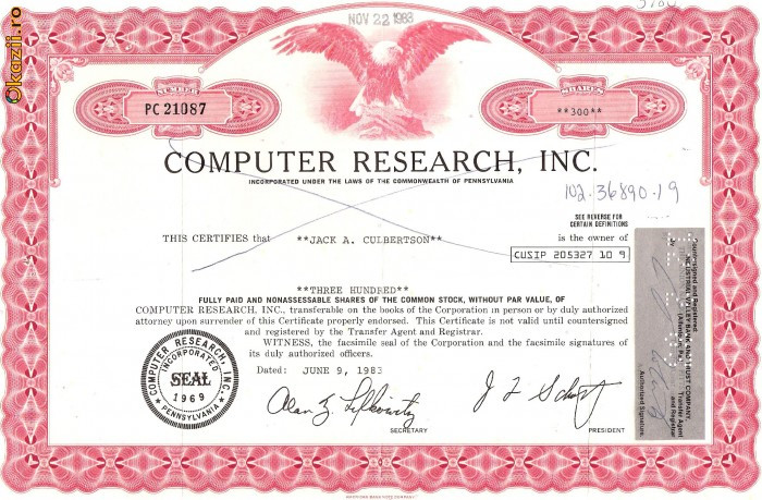 328 Actiuni -COMPUTER RESEARCH, INC. -seria PC 21087