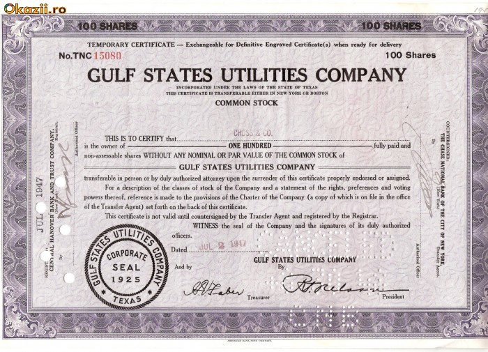 322 Actiuni -GULF STATES UTILITIES COMPANY-seria TNC15080