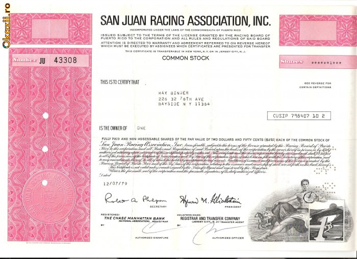 309 Actiuni -SAN JUAN RACING ASSOCIATION, INC. -seria JU43308