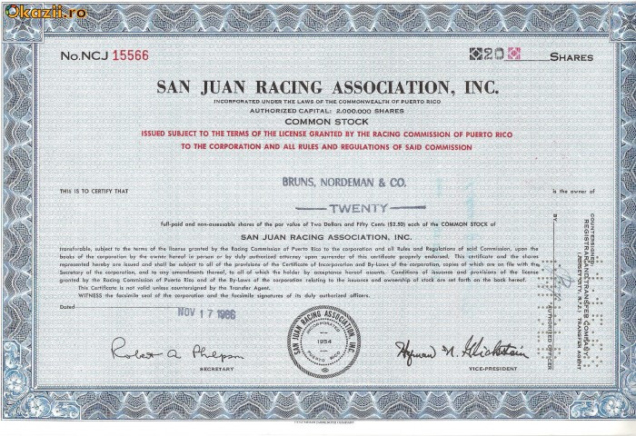 305 Actiuni -SAN JUAN RACING ASSOCIATION, INC. -seria NCJ15566