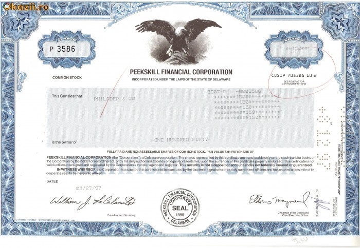 258 Actiuni -PEEKSKILL FINANCIAL CORPORATION -seria P3586 258 Actiuni -PEEKSKILL FINANCIAL CORPORATION -seria P3586
