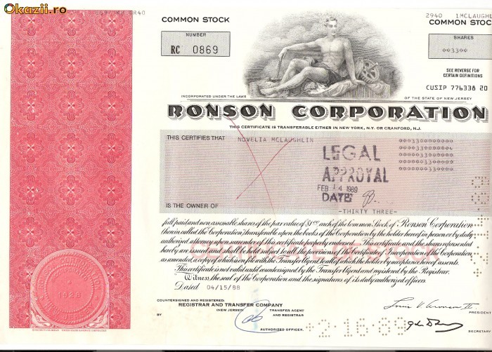 343 Actiuni -RONSON CORPORATION -seria RC 0869 343 Actiuni -RONSON CORPORATION -seria RC 0869